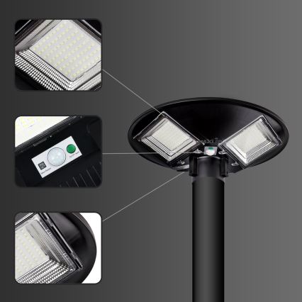 Lampadaire solaire à intensité variable avec détecteur LED/15W/6V 11000 mAh 6500K IP65 noir + Télécommande