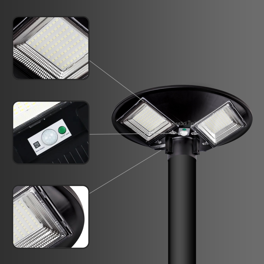 Lampadaire solaire à intensité variable avec détecteur LED/15W/6V 11000 mAh 6500K IP65 noir + Télécommande