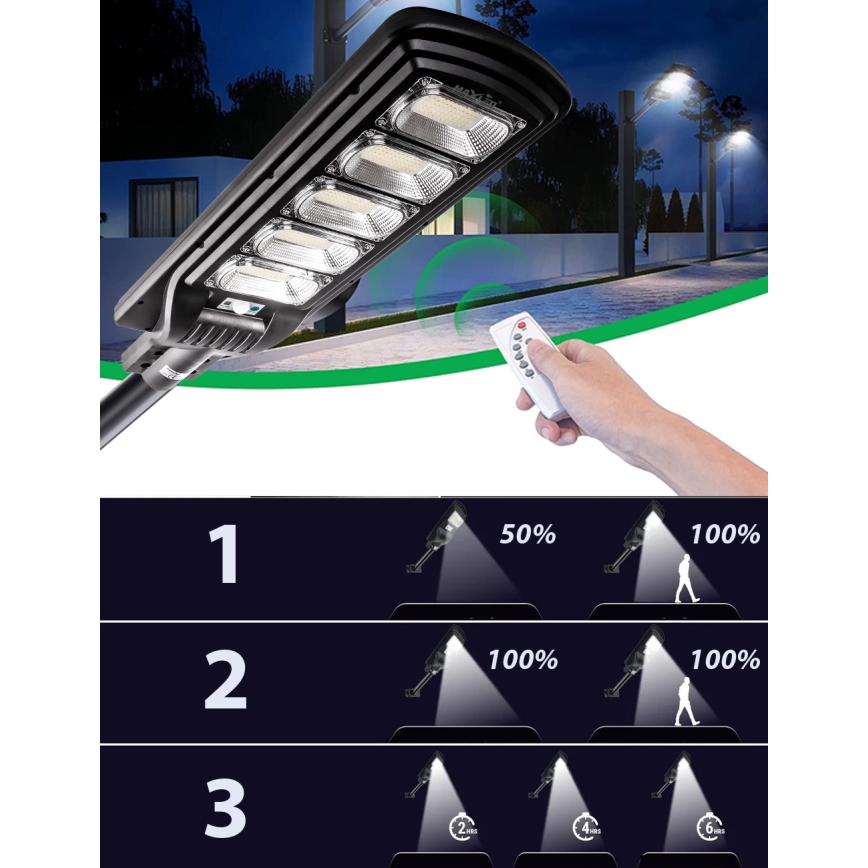 Lampe solaire à intensité variable avec détecteur LED/300W/6V 6500K IP65 noir + Télécommande