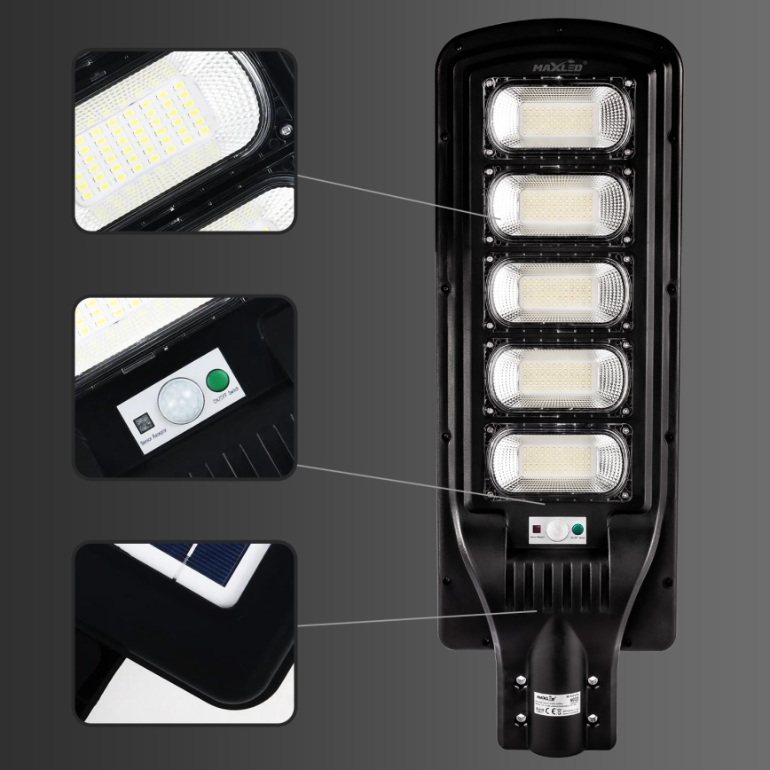 Lampe solaire à intensité variable avec détecteur LED/300W/6V 6500K IP65 noir + Télécommande