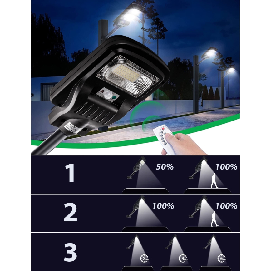Lampadaire solaire à intensité variable avec détecteur LED/60W/6V 5500 mAh 6500K IP65 noir + Télécommande