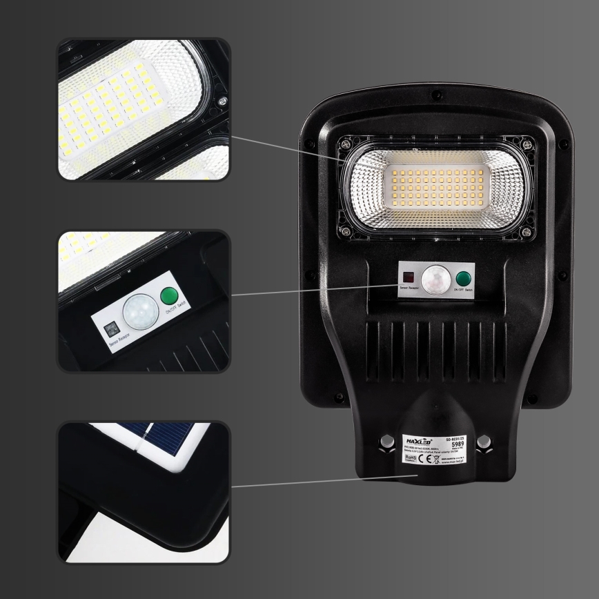 Lampadaire solaire à intensité variable avec détecteur LED/60W/6V 5500 mAh 6500K IP65 noir + Télécommande