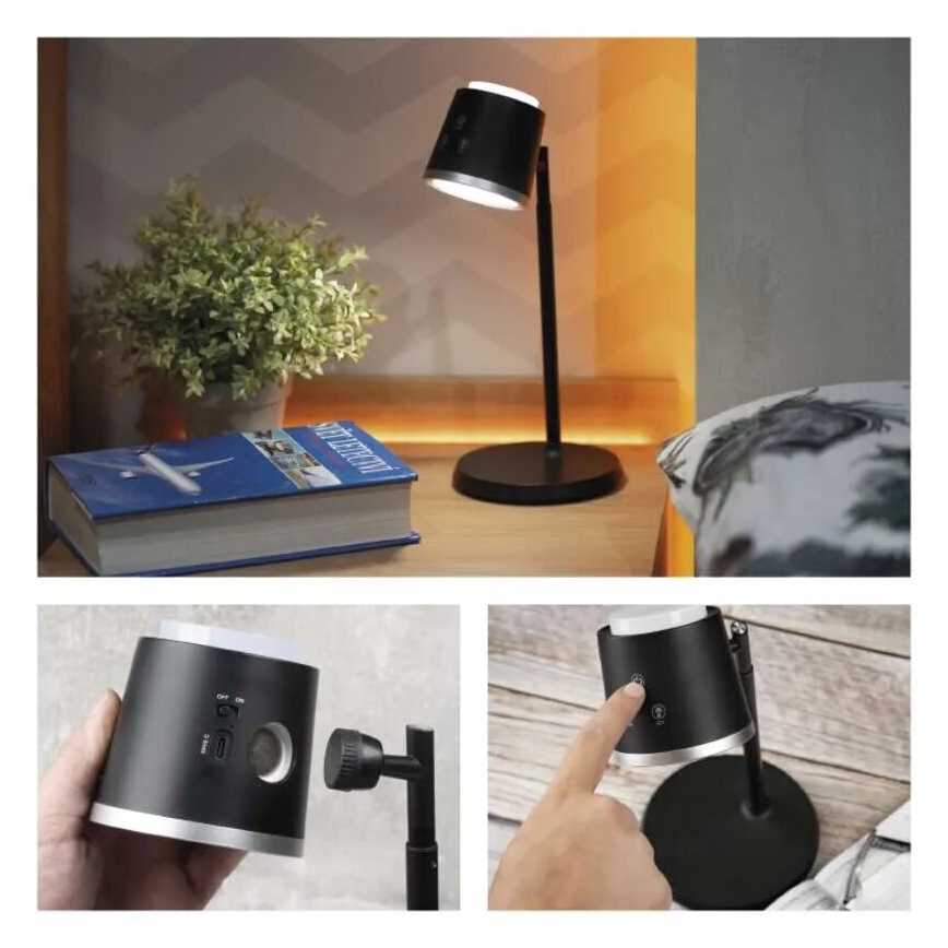 Lampe de table à intensité variable rechargeable 4en1 LED/6W/3,7V 3000K/4000K/6500K 1500mAh noir