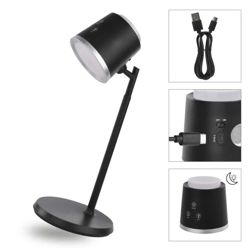 Lampe de table à intensité variable rechargeable 4en1 LED/6W/3,7V 3000K/4000K/6500K 1500mAh noir