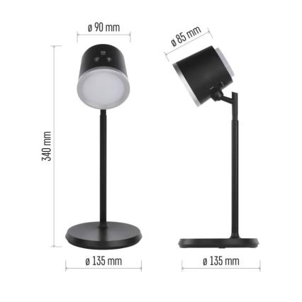 Lampe de table à intensité variable rechargeable 4en1 LED/6W/3,7V 3000K/4000K/6500K 1500mAh noir