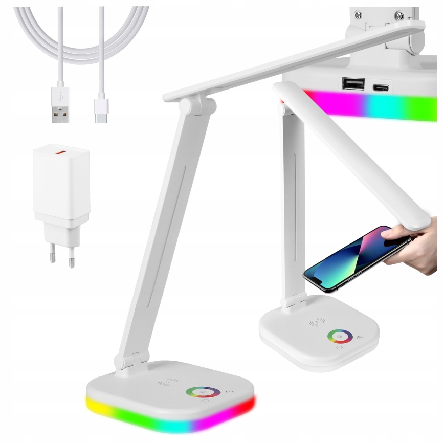 Lampe de table dimmable LED RGBW avec recharge sans fil LED/7W/5V USB blanche