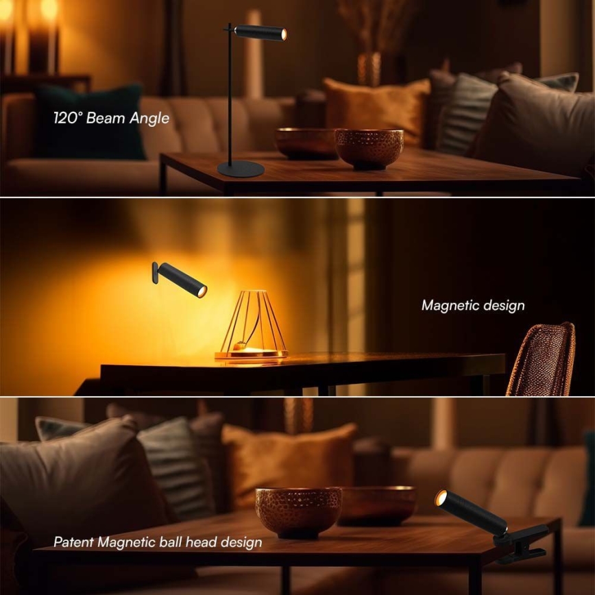 Lampe de table LED rechargeable à intensité variable magnétique LED/3W/5V 4000K 1500 mAh noir