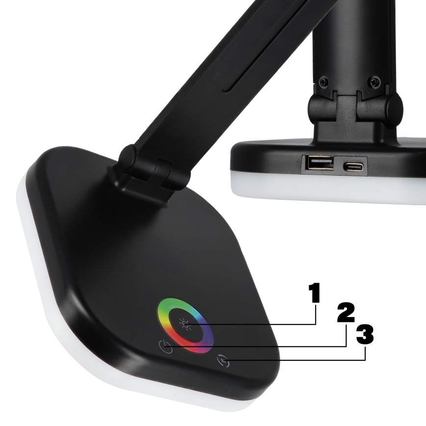 Lampe de table LED RGBW dimmable avec charge sans fil LED/7W/5V USB noire