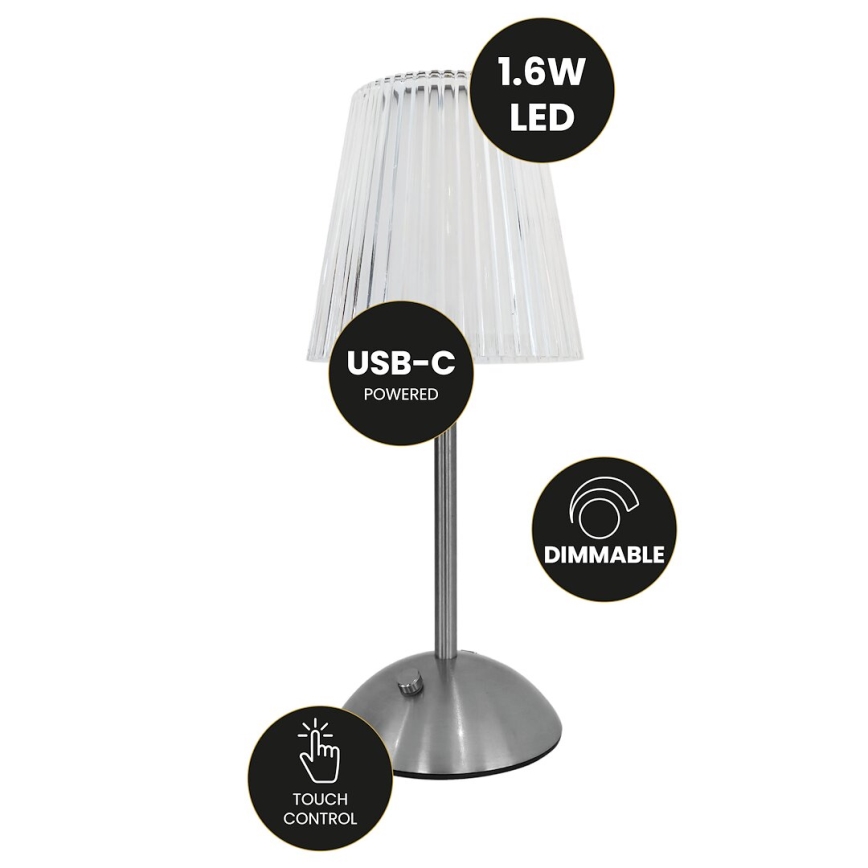 Lampe de table tactile à intensité variable rechargeable ELBA LED/1,6W/800 mAh chrome mat/transparent
