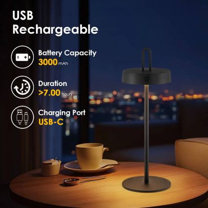 Lampe de table tactile LED dimmable rechargeable d'extérieur SHINE LED/1,5W/3,7V 3000 mAh IP44 noir