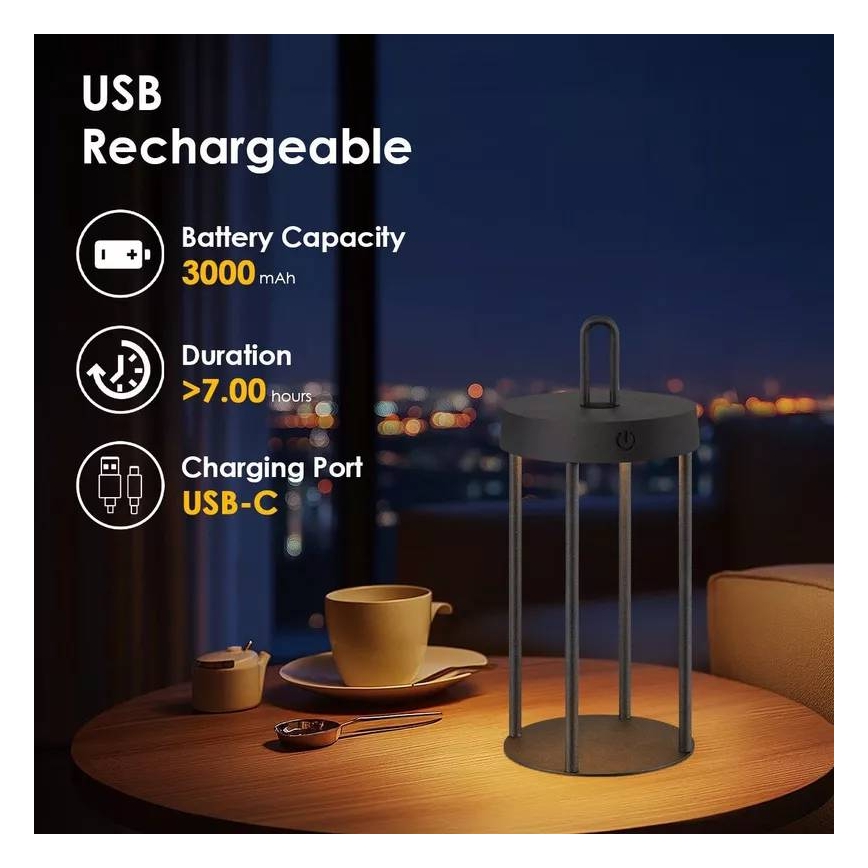 Lampe de table tactile LED d'extérieur dimmable, rechargeable GENTLE LED/1,5W/3,7V 3000 mAh IP44 noire