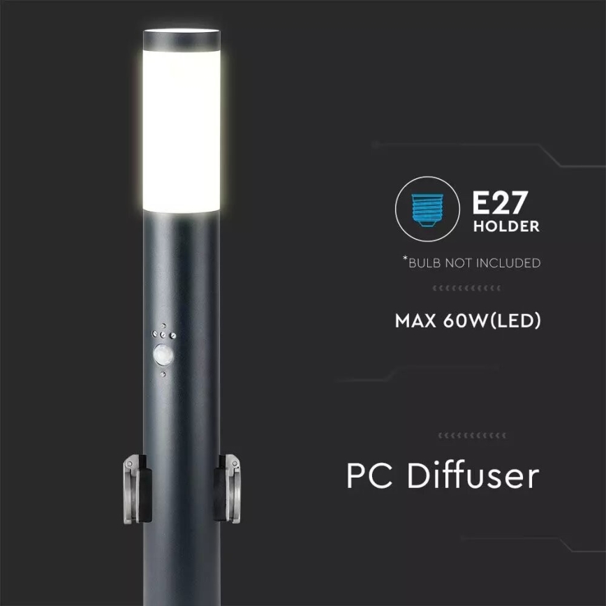 Lampe extérieure avec détecteur et 2 prises SCHUKO 1xE27/60W/230V IP44 60cm noir