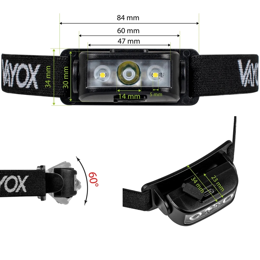 Lampe frontale rechargeable à intensité variable 3xLED/5V IPX4 100 brillant 1200 mAh