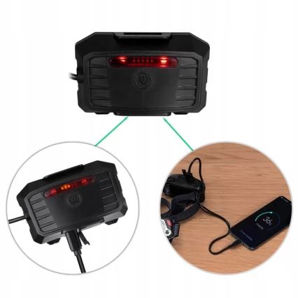 Lampe frontale rechargeable à intensité variable avec détecteur et fonction batterie portative et éclairage rouge LED/10 W/5 V IP44 1200 brillant 4000 mAh