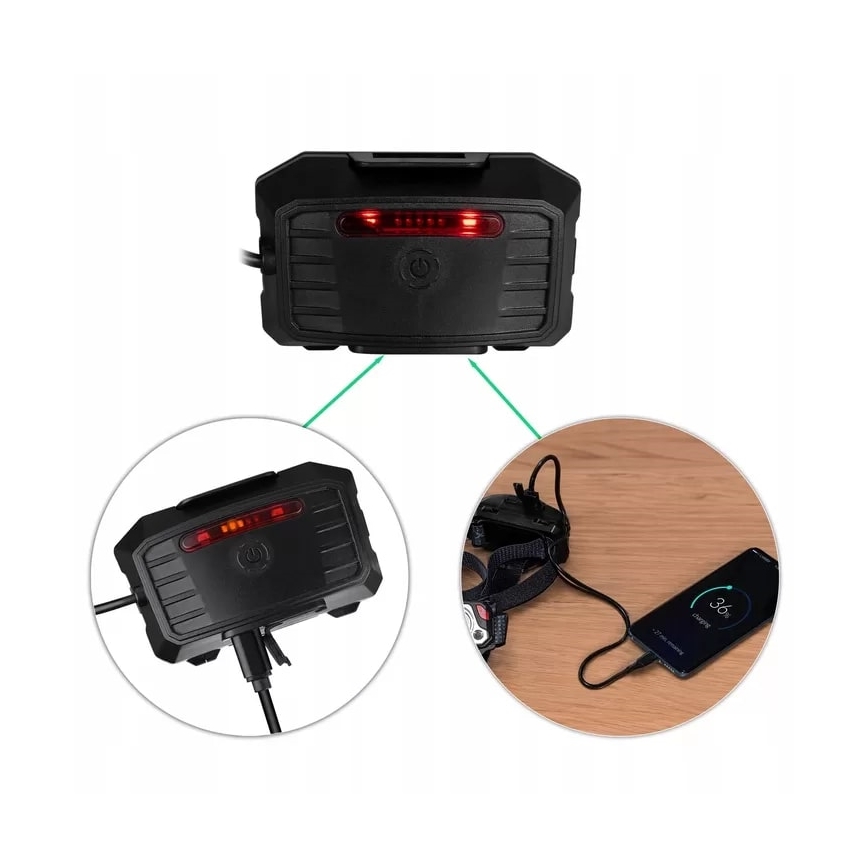 Lampe frontale rechargeable à intensité variable avec détecteur et fonction batterie portative et éclairage rouge LED/10 W/5 V IP44 1200 brillant 4000 mAh