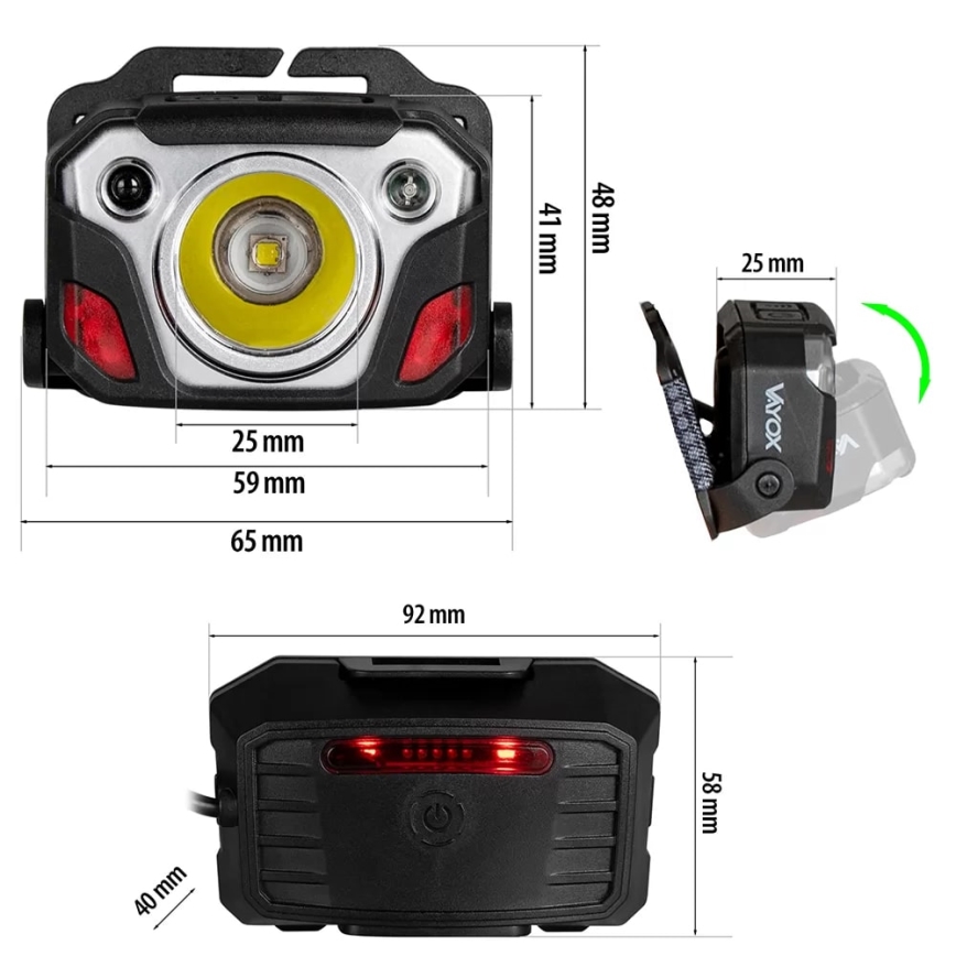 Lampe frontale rechargeable à intensité variable avec détecteur et fonction batterie portative et éclairage rouge LED/10 W/5 V IP44 1200 brillant 4000 mAh