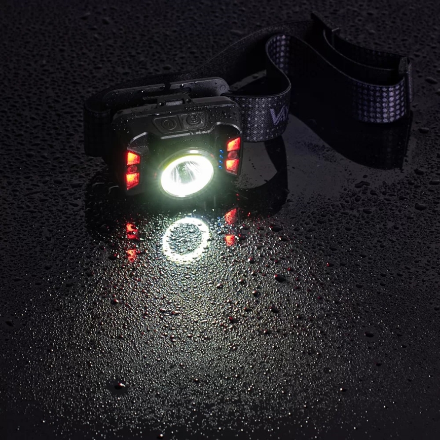 Lampe frontale rechargeable à intensité variable avec détecteur et éclairage rouge LED/15 W/5 V IP66 430 brillant 1800 mAh