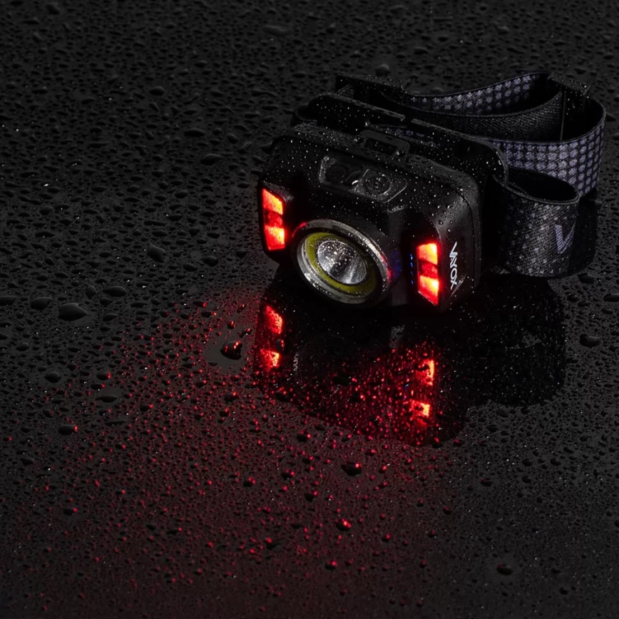 Lampe frontale rechargeable à intensité variable avec détecteur et éclairage rouge LED/15 W/5 V IP66 430 brillant 1800 mAh