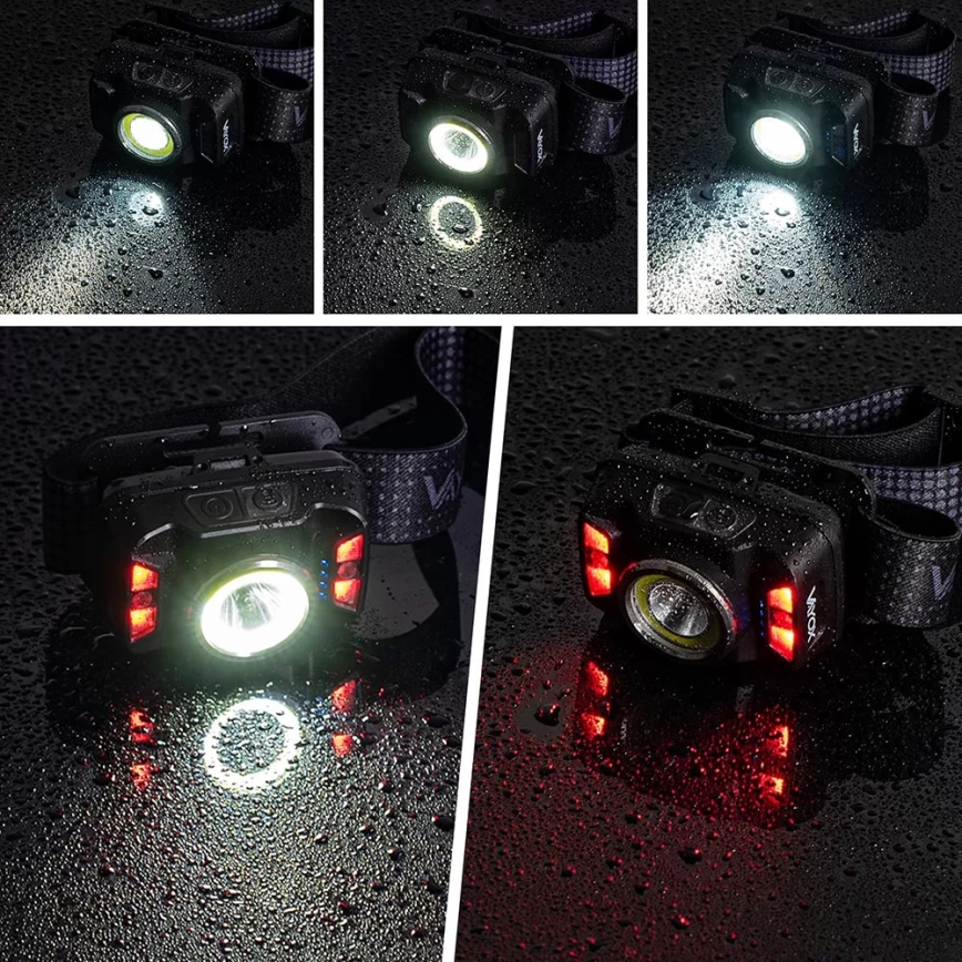 Lampe frontale rechargeable à intensité variable avec détecteur et éclairage rouge LED/15 W/5 V IP66 430 brillant 1800 mAh