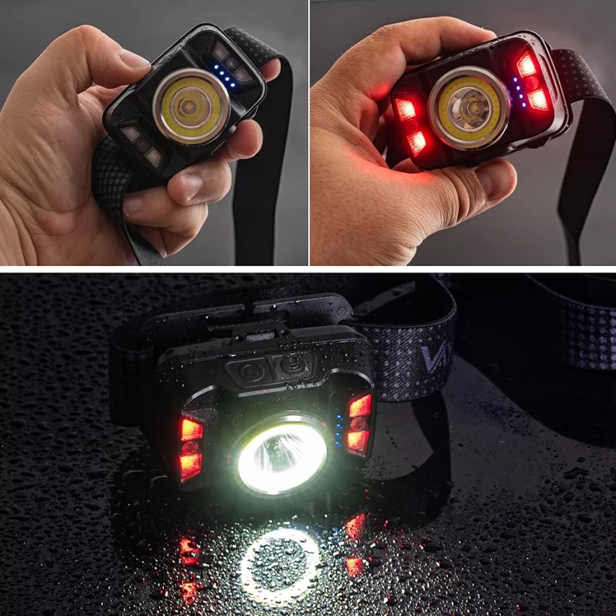 Lampe frontale rechargeable à intensité variable avec détecteur et éclairage rouge LED/15 W/5 V IP66 430 brillant 1800 mAh