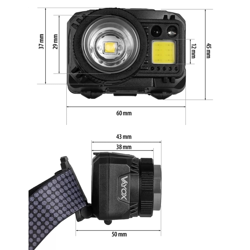 Lampe frontale rechargeable à intensité variable avec détecteur et lumière rouge LED/6W/5V/3xAAA IP44 500 brillant 1200 mAh