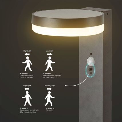Lampe solaire avec détecteur LED/2W/3,7V IP54 3000K 2200 mAh arrondi noir