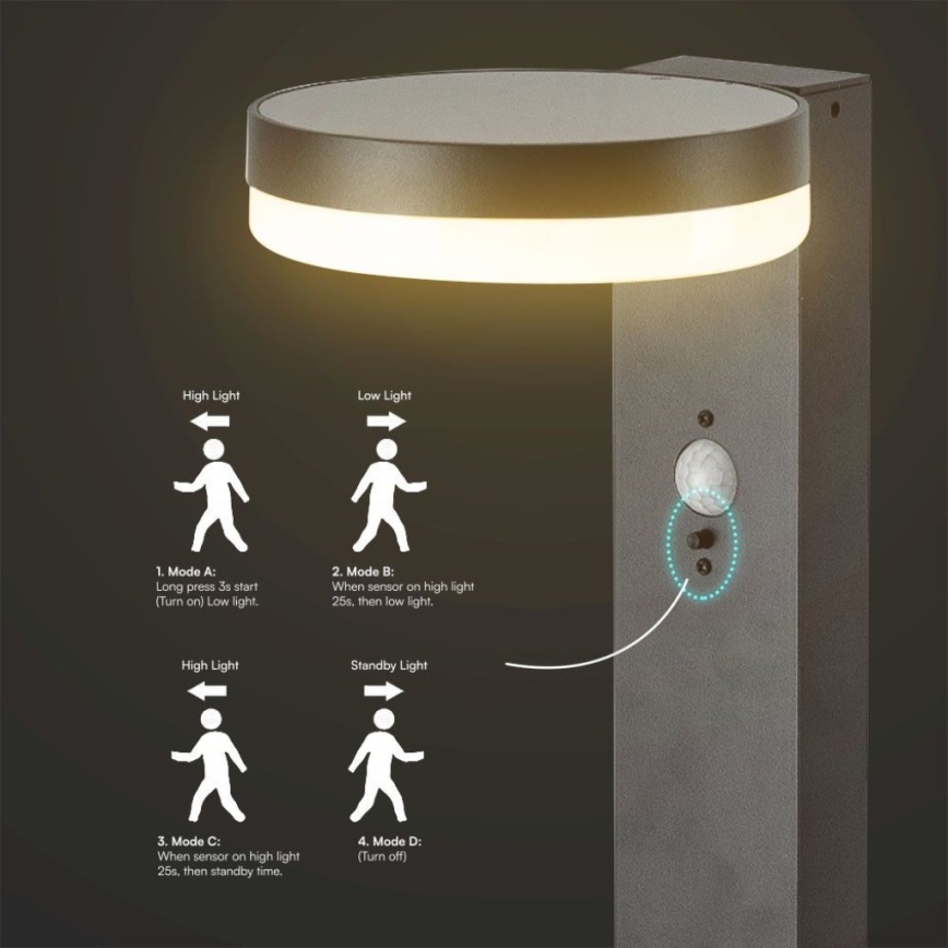Lampe solaire avec détecteur LED/2W/3,7V IP54 3000K 2200 mAh arrondi noir