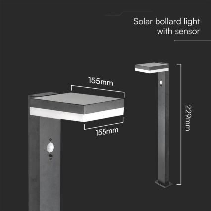 Lampe solaire avec détecteur LED/2W/3,7V IP54 3000K carré noir