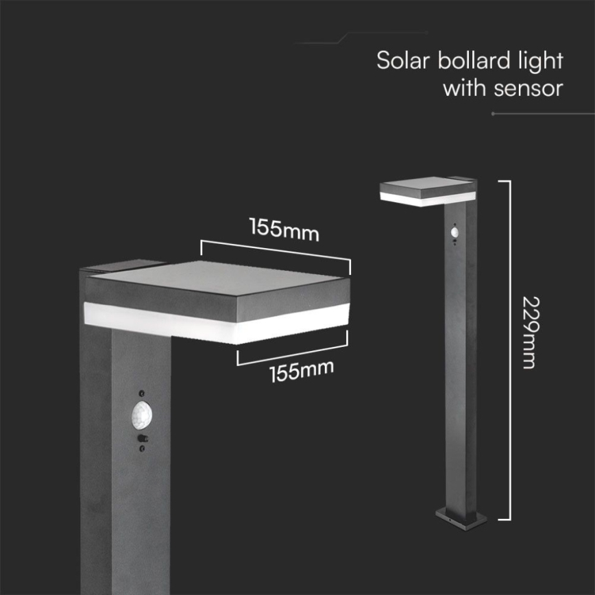 Lampe solaire avec détecteur LED/2W/3,7V IP54 3000K noir angulaire