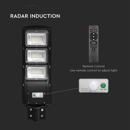 Lampe solaire LED d'extérieur dimmable avec capteur de mouvement et crépuscule LED/12W/3,2V 6000K IP65 10000 mAh noire + télécommande