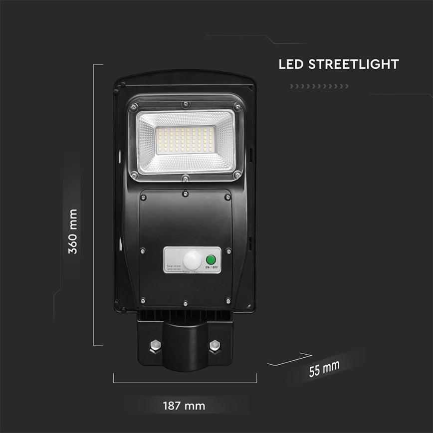 Lampe solaire de rue LED dimmable avec capteur de mouvement et crépuscule LED/6W/3,2V 6000K IP65 5000 mAh noire + télécommande