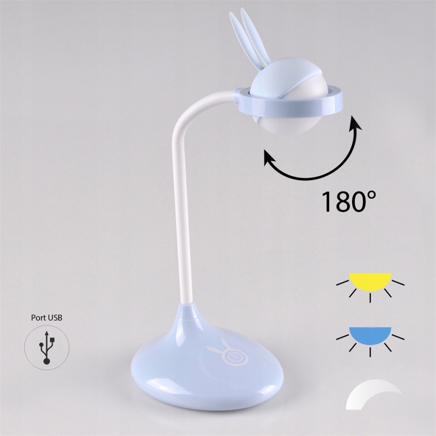 Lampe tactile LED pour enfants RABBIT LED/0,4W/5V 3000/ 6500K bleu+USB