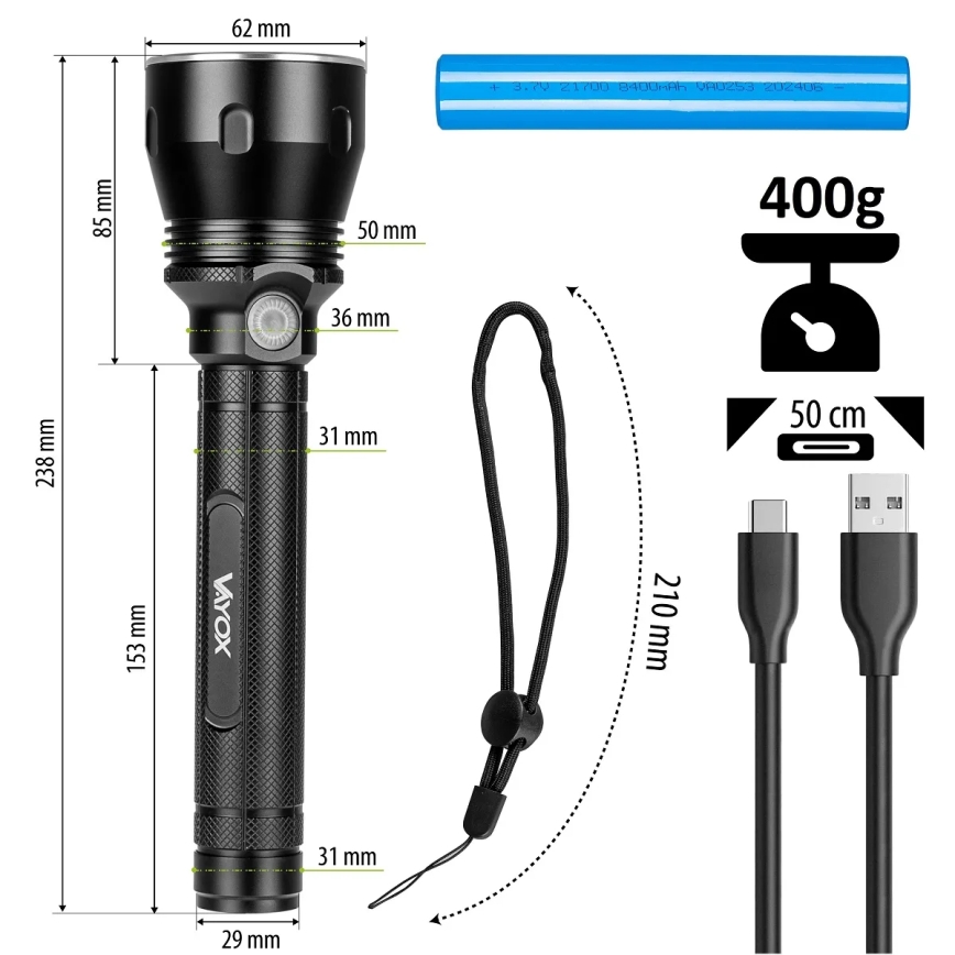 Lampe torche rechargeable à intensité variable LED/20 W/5 V IPX5 1570 brillant 8400 mAh