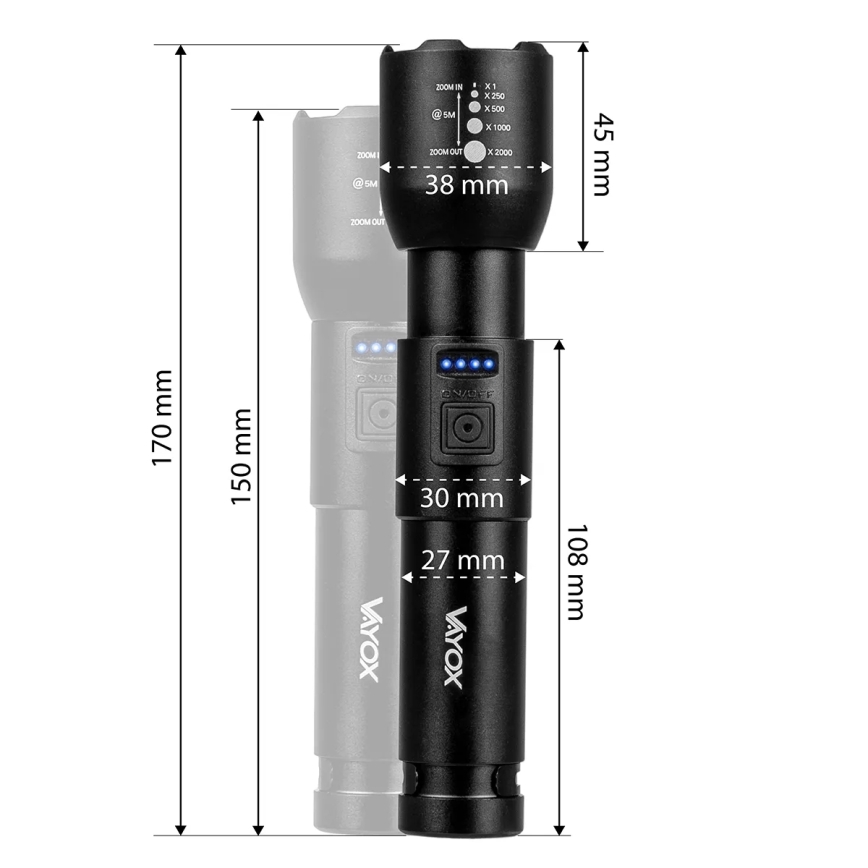Lampe torche rechargeable à intensité variable LED/20W/5V IPX4 800 brillant 2000 mAh