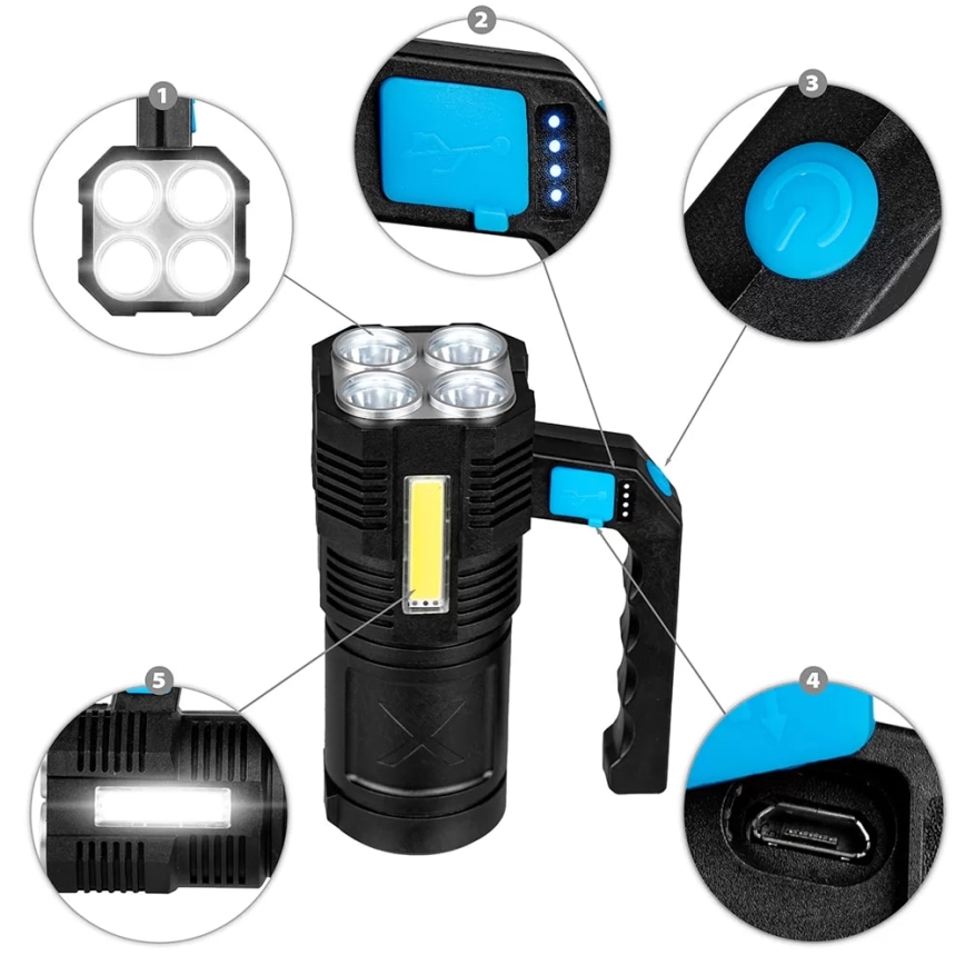 Lampe torche rechargeable à intensité variable LED/5V IPX4 250 brillant 1200 mAh