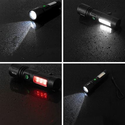 Lampe torche rechargeable à intensité variable avec lumière rouge LED/5W/5V IPX4 260 brillant 2000 mAh