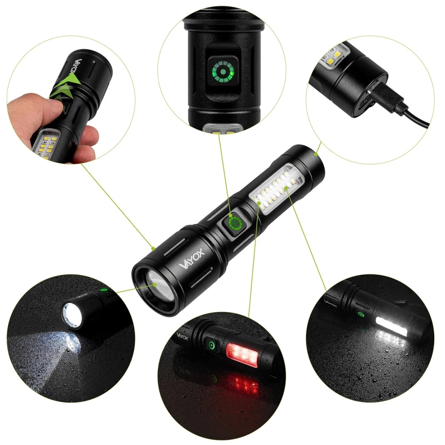 Lampe torche rechargeable à intensité variable avec lumière rouge LED/5W/5V IPX4 260 brillant 2000 mAh