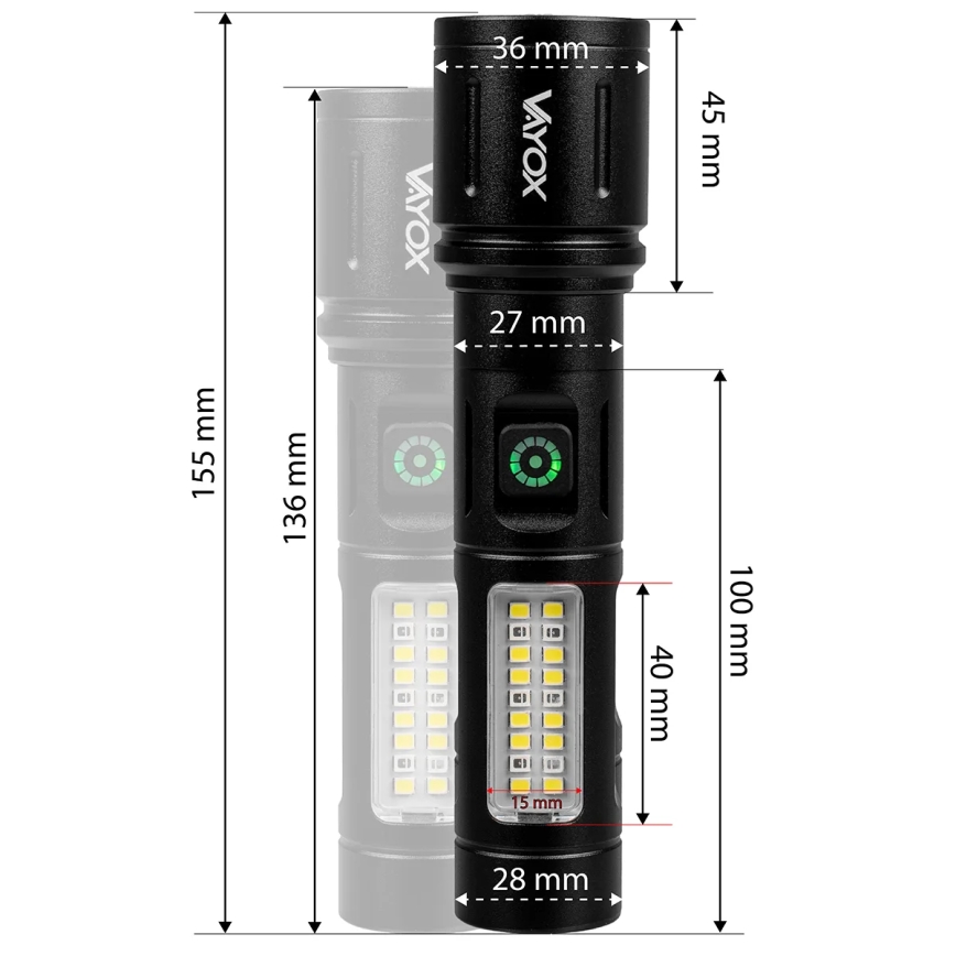 Lampe torche rechargeable à intensité variable avec lumière rouge LED/5W/5V IPX4 260 brillant 2000 mAh