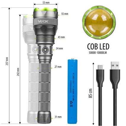 Lampe torche rechargeable à intensité variable avec fonction batterie portative LED/5V IPX7 10000 brillant 2600 mAh