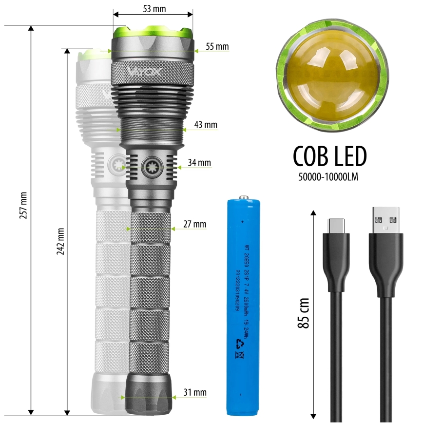 Lampe torche rechargeable à intensité variable avec fonction batterie portative LED/5V IPX7 10000 brillant 2600 mAh