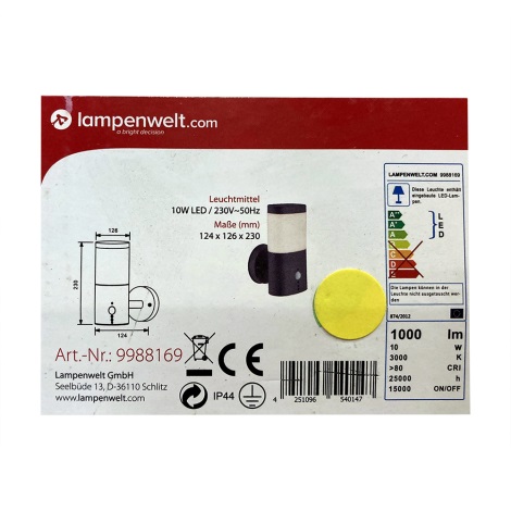 Lampenwelt - Luminaire d'extérieur avec détecteur LED/10W/230V IP44