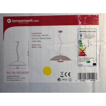 Lampenwelt - Suspension filaire LED RGBW à intensité variable ARTHUR 1xE27/10W/230V Wi-Fi