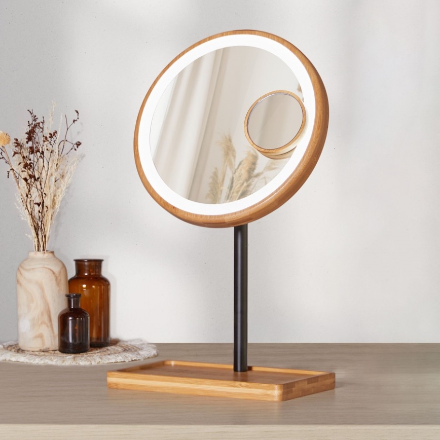 Lanaform - Miroir de maquillage dimmable à LED 5V USB en bambou