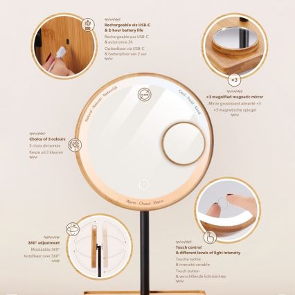 Lanaform - Miroir de maquillage dimmable à LED 5V USB en bambou