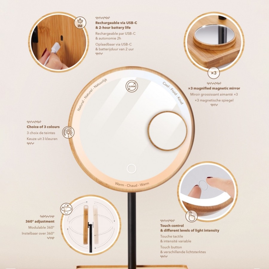 Lanaform - Miroir de maquillage dimmable à LED 5V USB en bambou