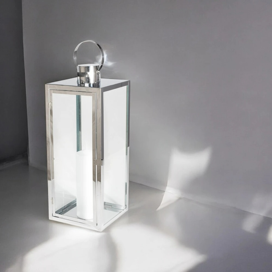 Lanterne décorative 49 cm, finition chromée brillante