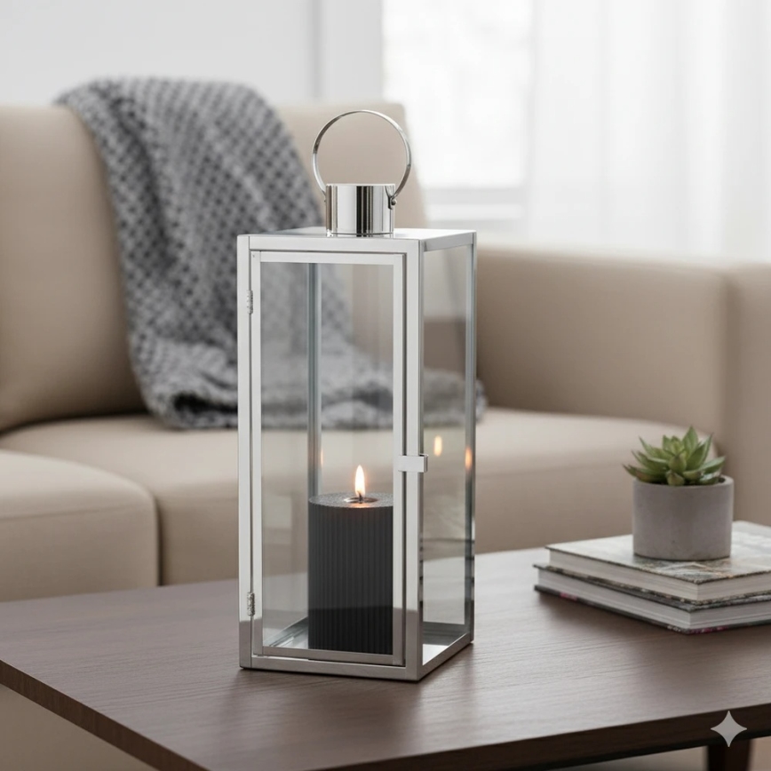 Lanterne décorative TOWER 29 cm chrome brillant