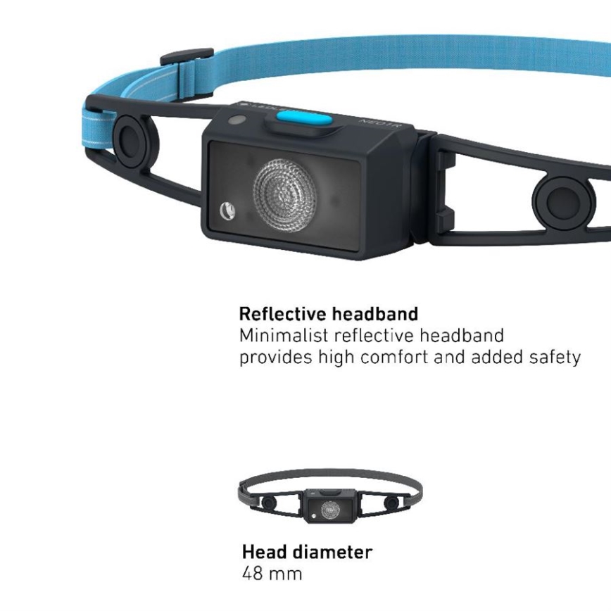 Ledlenser NEO1R - Lampe frontale rechargeable à LED, dimmable, batterie 730 mAh, indice de protection IP67, 250 lm, autonomie 15 h, bleu