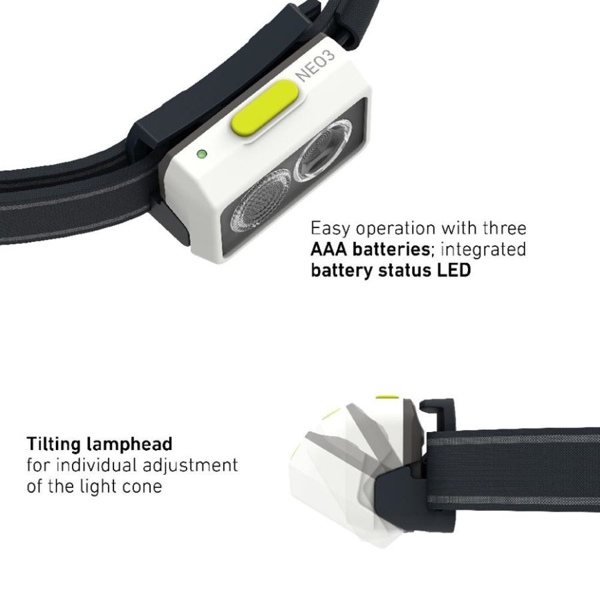 Ledlenser NEO3 - lampe frontale LED dimmable, 3xAAA, IP54, 400 lm, 20 h, noir/blanc