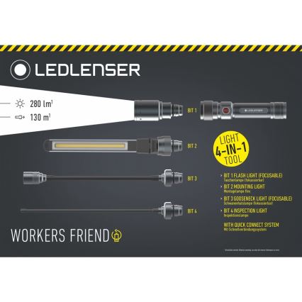 Ledlenser WORKERS FRIEND - lampe de travail rechargeable à LED à intensité variable, 2500 mAh, 280 lm, 80 h, noire